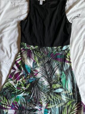 London Times Black Bodice Tropical Leaf-Print Midi Dress